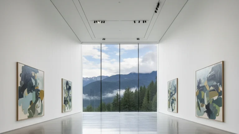 Korea Japan art exhibition — spacious modern museum gallery with abstract canvases and a mountain window view — KoreaHacks