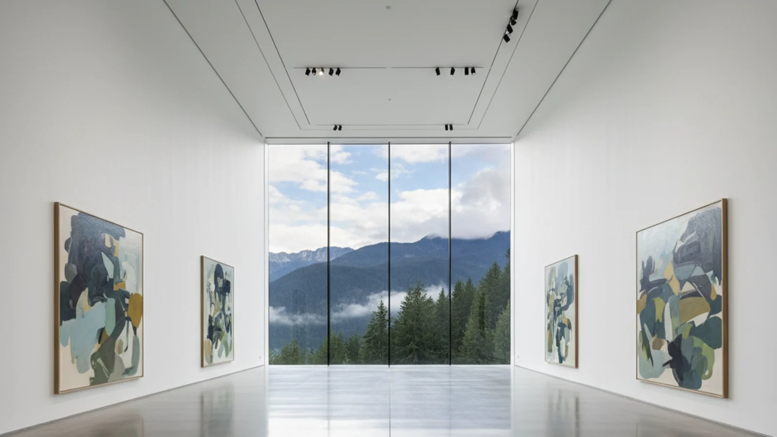 Korea Japan art exhibition — spacious modern museum gallery with abstract canvases and a mountain window view — KoreaHacks
