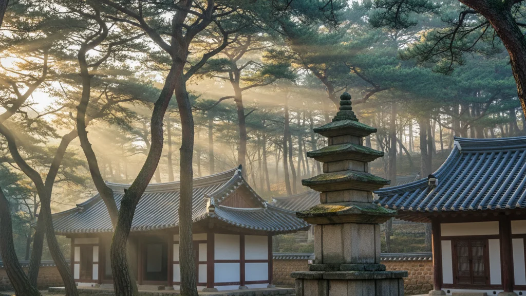 Korea rail trips beyond Seoul — ancient Korean stone pagoda and tiled-roof structures among pines at golden hour — KoreaHacks