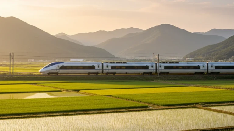 Korea rail trips beyond Seoul — sleek high-speed train speeding through green countryside and mountains — KoreaHacks