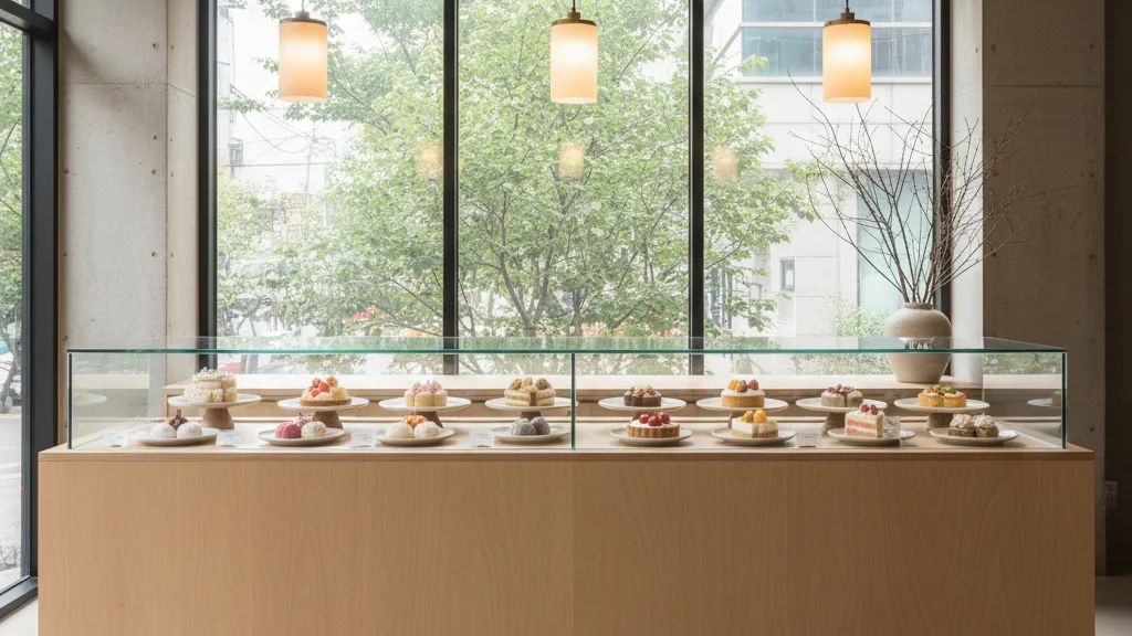 Korean mousse cake trend bakery — modern minimalist Korean cafe interior with display case and warm pendant lights — KoreaHacks