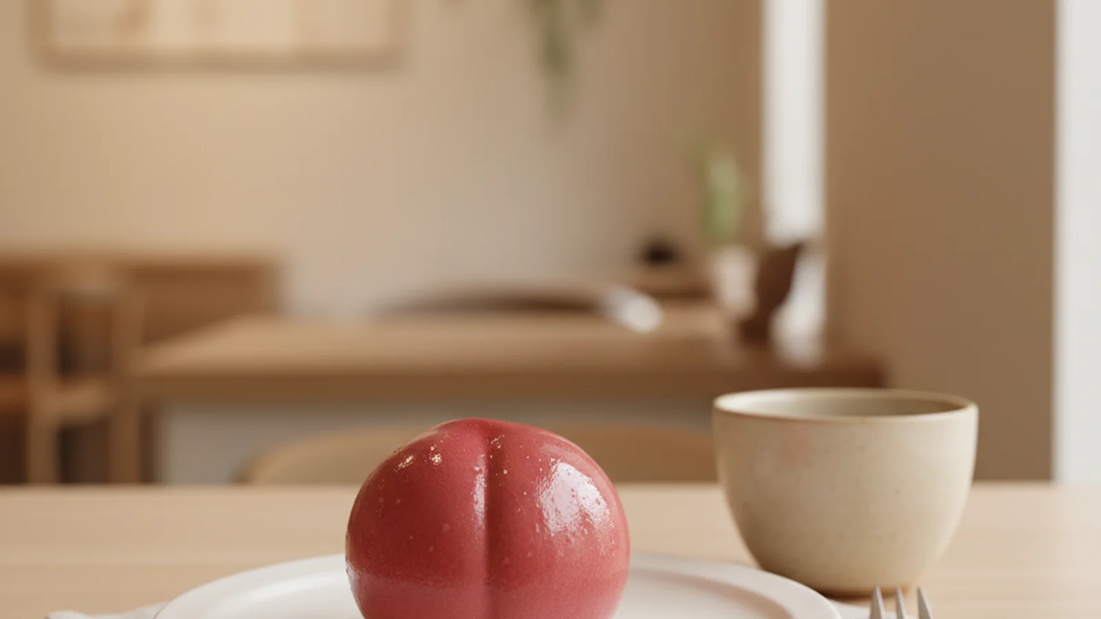 Korean mousse cake trend — pristine peach-shaped mousse cake with glossy chocolate shell on a white plate — KoreaHacks
