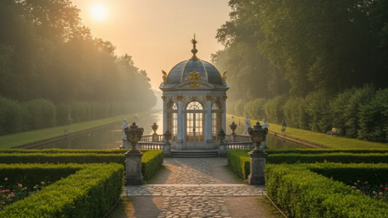 Korean Pavilion Venice Biennale 2026 — ornate European pavilion among trimmed hedges in a botanical garden at golden hour — KoreaHacks