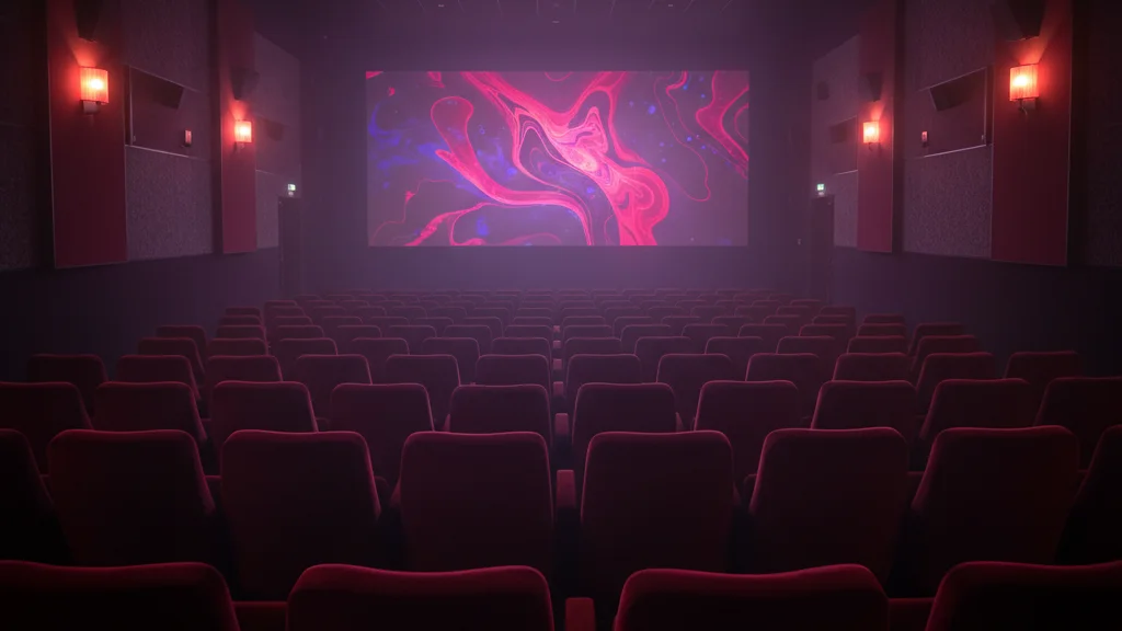 KPop Demon Hunters tour — empty movie theater with red velvet seats and illuminated cinema screen — KoreaHacks