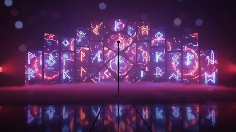 KPop Demon Hunters tour — dramatic empty concert stage with purple and crimson lighting and mystical LED runes — KoreaHacks