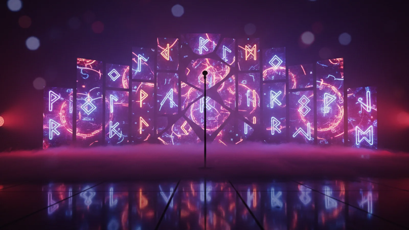 KPop Demon Hunters tour — dramatic empty concert stage with purple and crimson lighting and mystical LED runes — KoreaHacks