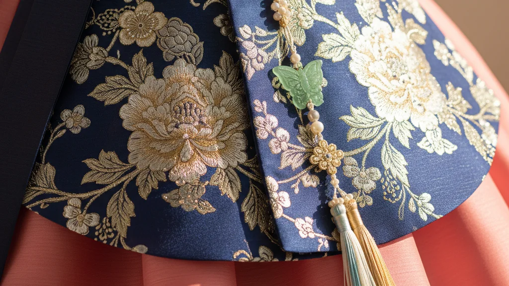 Close-up of luxurious hanbok silk with gold floral embroidery and a norigae tassel &mdash; KoreaHacks