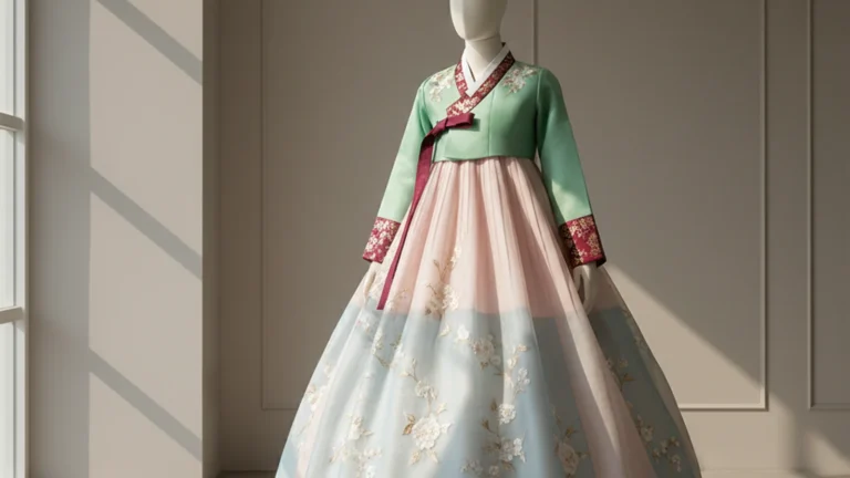 Modern hanbok for celebrations — elegant layered pastel dress with embroidery on display — KoreaHacks