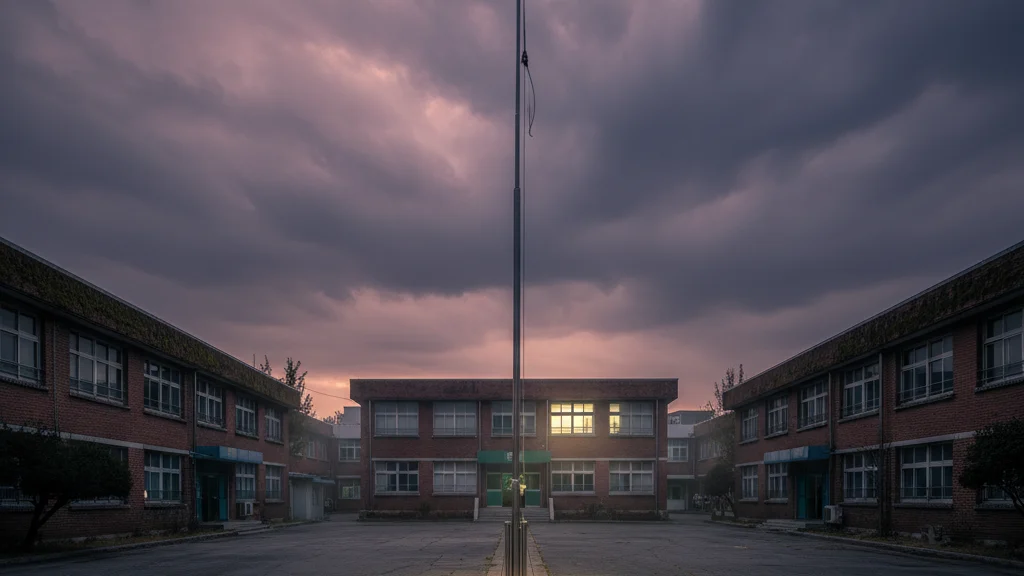 Moving 2 Disney setting — empty Korean high school courtyard at dusk with flagpole and a single lit window — KoreaHacks