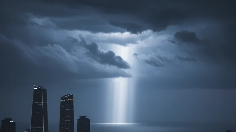 Moving 2 Disney — dramatic stormy night sky over a silhouetted Korean cityscape with a beam of light — KoreaHacks