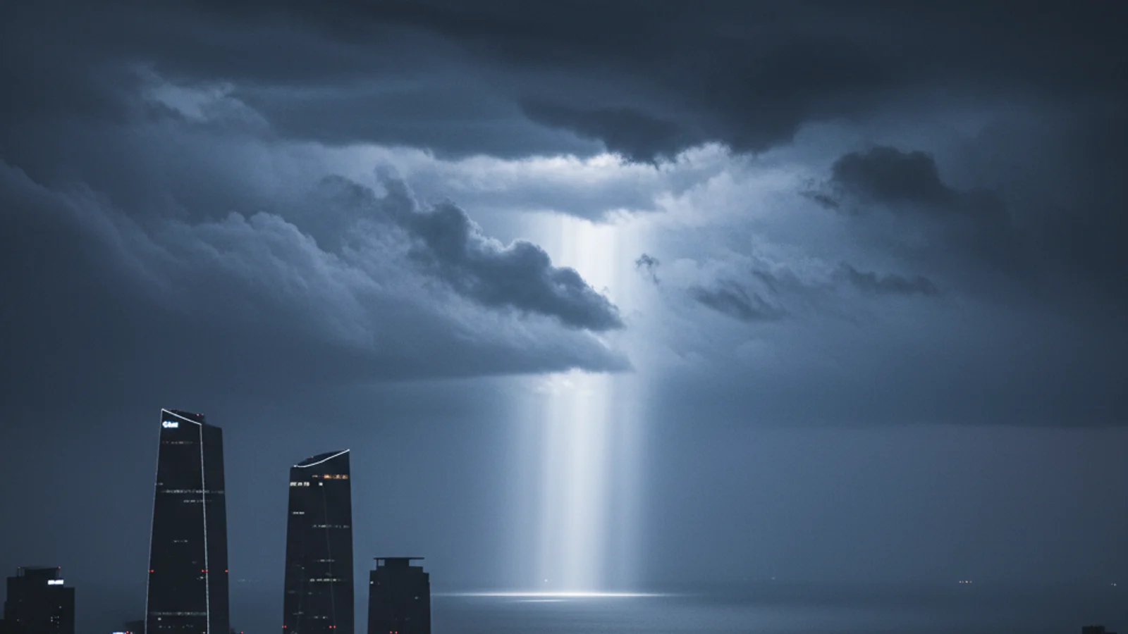 Moving 2 Disney — dramatic stormy night sky over a silhouetted Korean cityscape with a beam of light — KoreaHacks