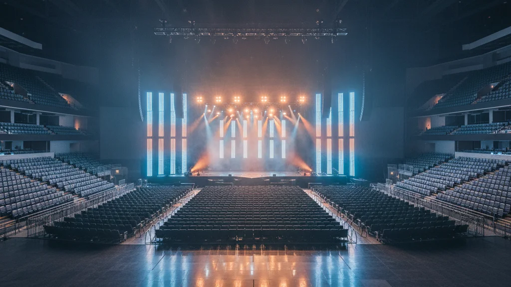 Empty modern concert arena interior with stage lighting awaiting SEVENTEEN V8 unit tour &mdash; KoreaHacks