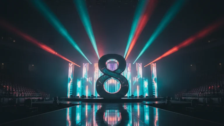 SEVENTEEN V8 unit — concert stage with chrome numeral 8 sculpture under spotlights — KoreaHacks