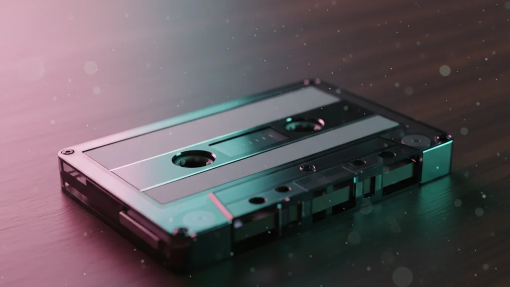 SHINee Atmos comeback — retro-modern audio cassette on a polished wooden surface with pink and teal lighting — KoreaHacks