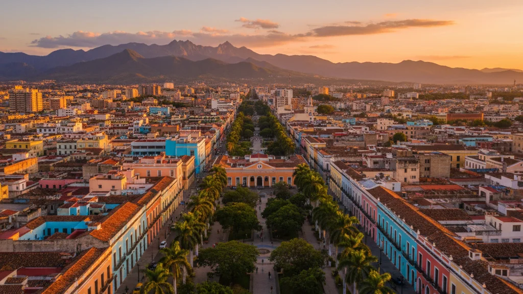 Latin American cityscape at golden hour with colonial architecture &mdash; STRAYCITY festival host city &mdash; KoreaHacks