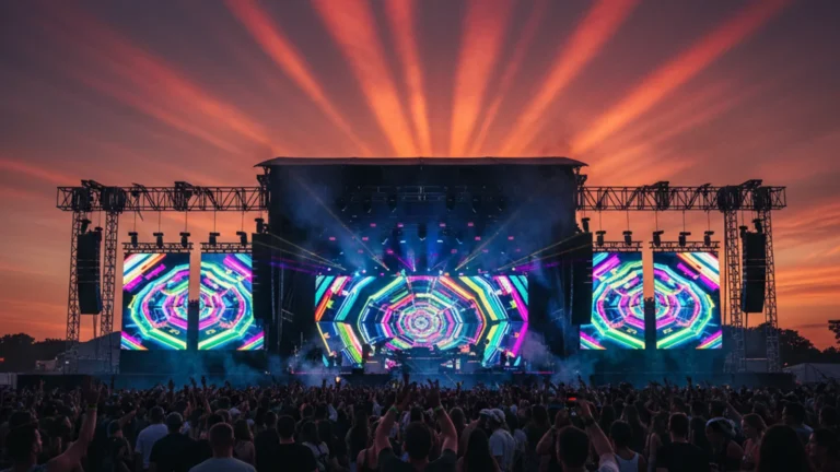 Stray Kids STRAYCITY festival — outdoor music stage at sunset with neon LED screens and atmospheric fog — KoreaHacks