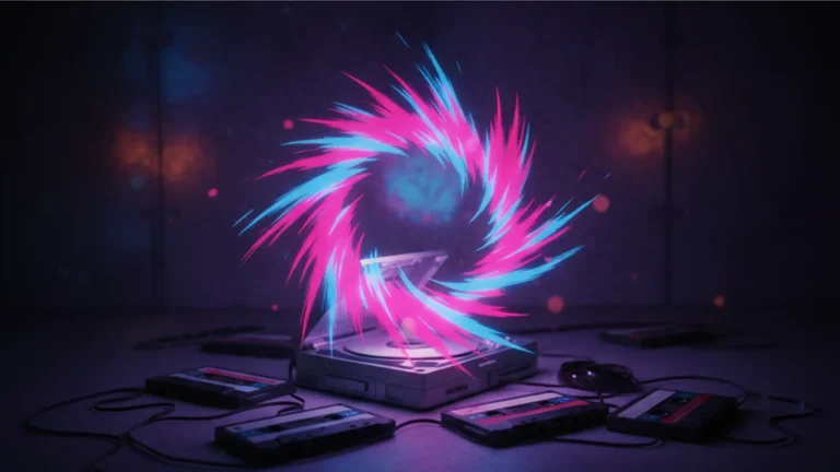 The WONDERfools Netflix — retro late-1990s still life with CD player, cassettes, and a pink-blue energy burst — KoreaHacks