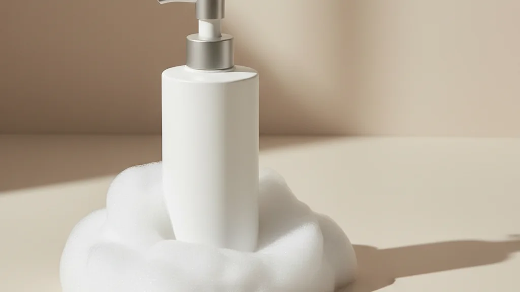 Minimalist K-beauty foam cleanser product still life on pastel beige &mdash; KoreaHacks