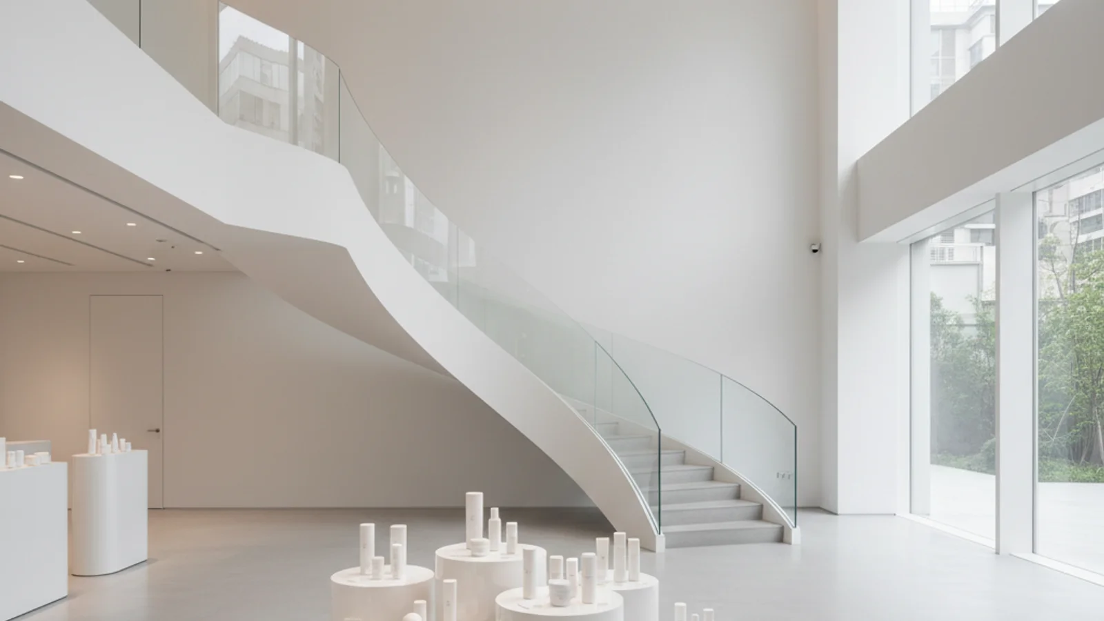 Yepoda Seongsu flagship — minimalist two-story K-beauty store interior with exhibition-style product displays — KoreaHacks