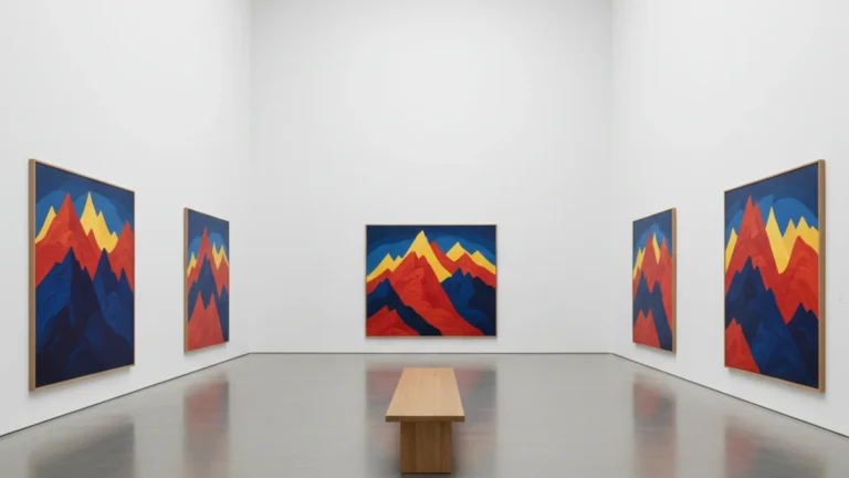 Yoo Young-kuk retrospective — modern art museum gallery with abstract mountain paintings — KoreaHacks