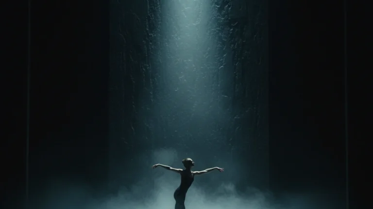 Ballet Arirang — dancer silhouette reaching toward a towering wall on a foggy stage — KoreaHacks