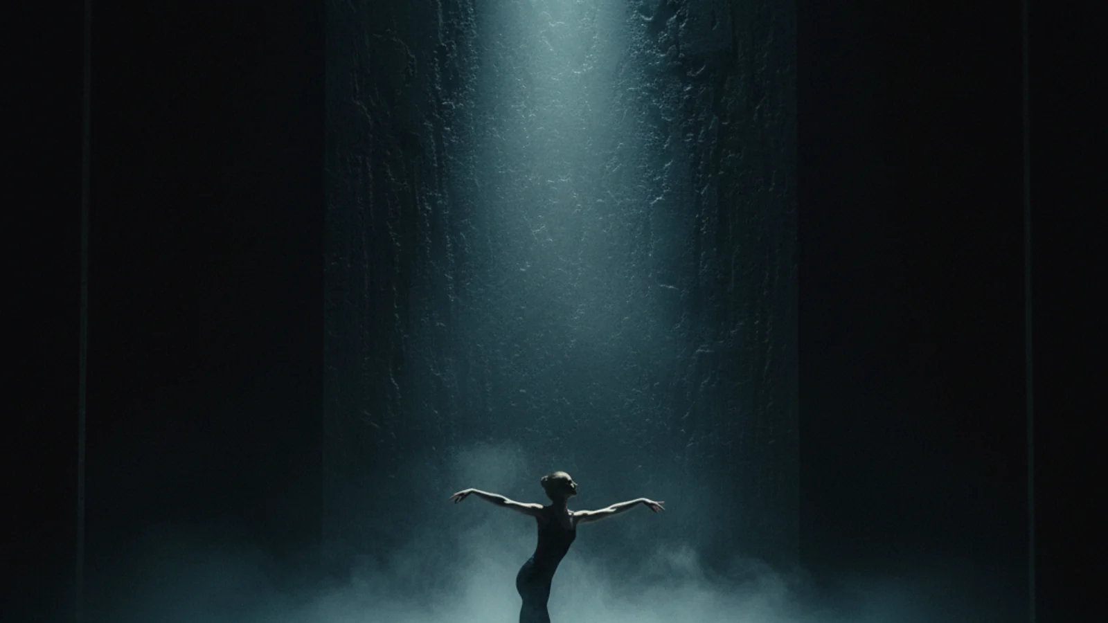Ballet Arirang — dancer silhouette reaching toward a towering wall on a foggy stage — KoreaHacks