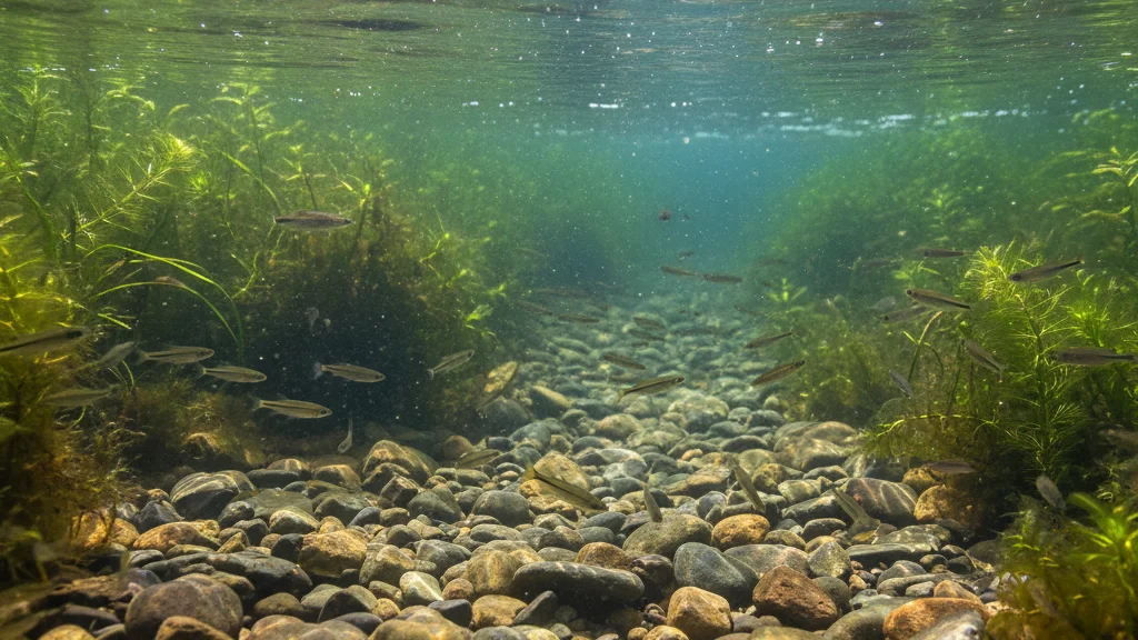 Small freshwater fish among pebbles in clear stream water, evoking Cheonggyecheon's ecosystem &mdash; KoreaHacks