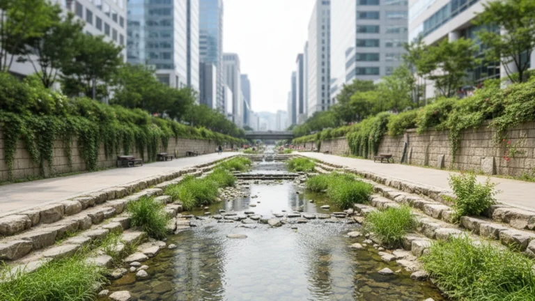 Cheonggyecheon stream flowing through downtown Seoul with clear water and greenery — KoreaHacks