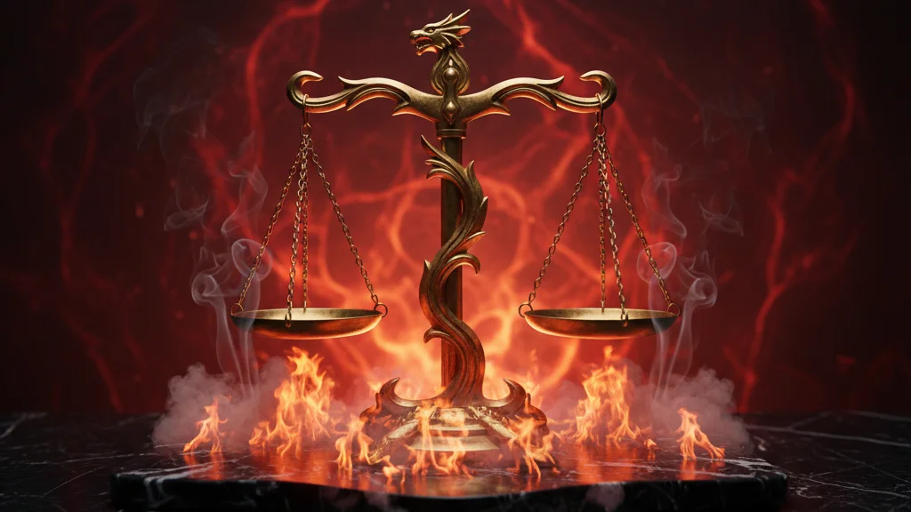 Golden scales of justice glowing with embers, evoking the demon-judge premise &mdash; KoreaHacks