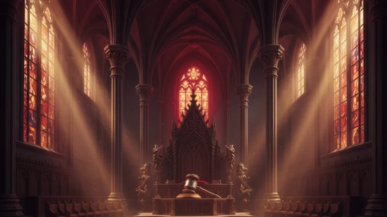 The Judge From Hell Season 2 — dramatic fantasy courtroom with judge's bench and crimson light — KoreaHacks