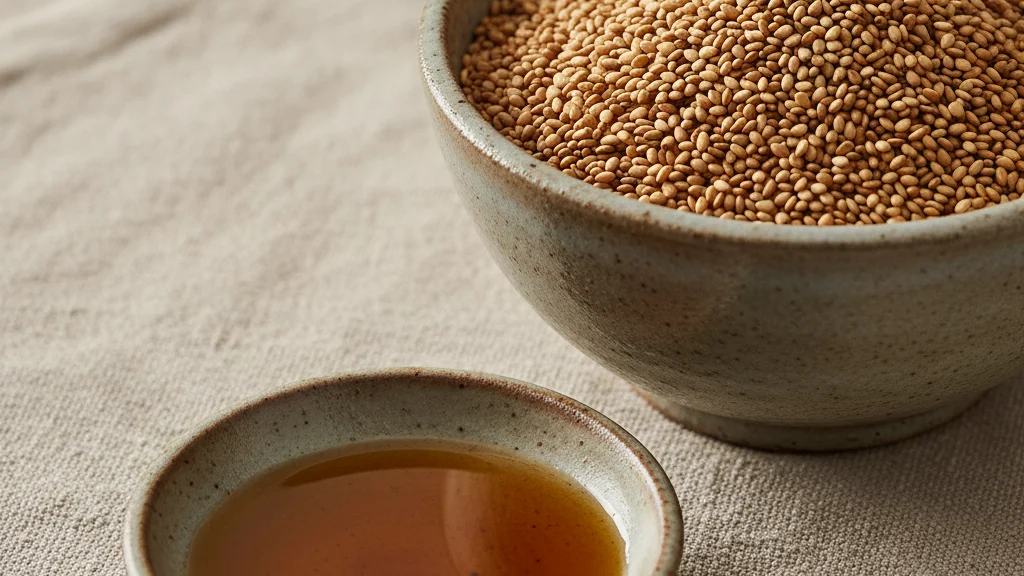 Roasted sesame seeds in a ceramic bowl beside a dish of amber sesame oil &mdash; KoreaHacks