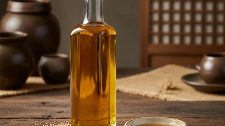 Korean sesame oil exports — golden sesame oil bottle with toasted seeds on a wooden table — KoreaHacks