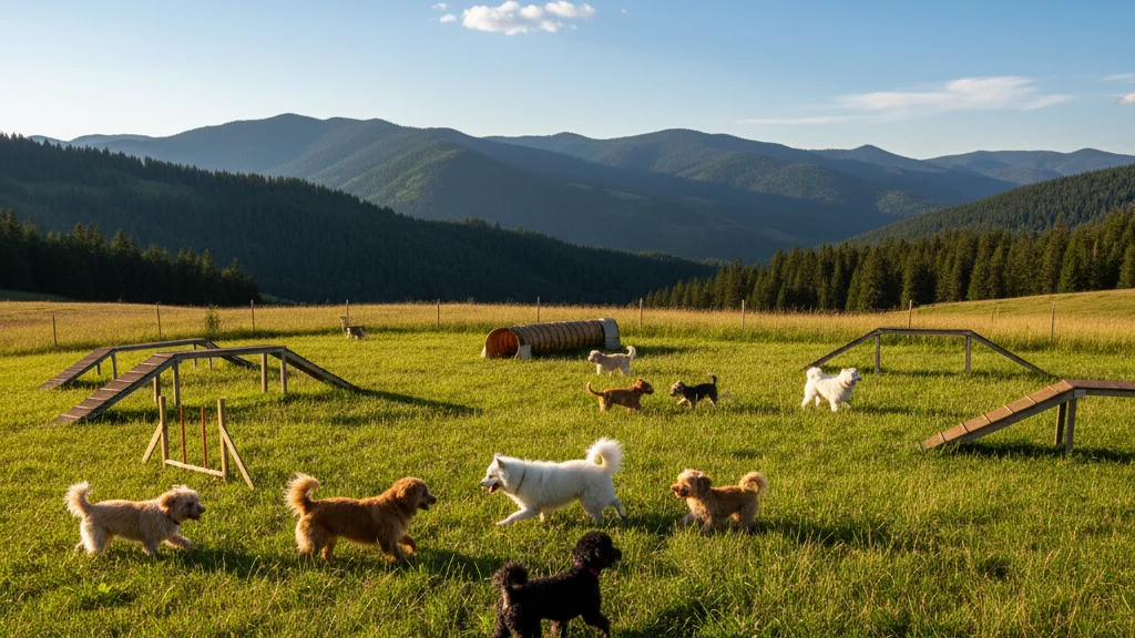 Off-leash dog playground at a Korean mountain resort with green fields &mdash; KoreaHacks