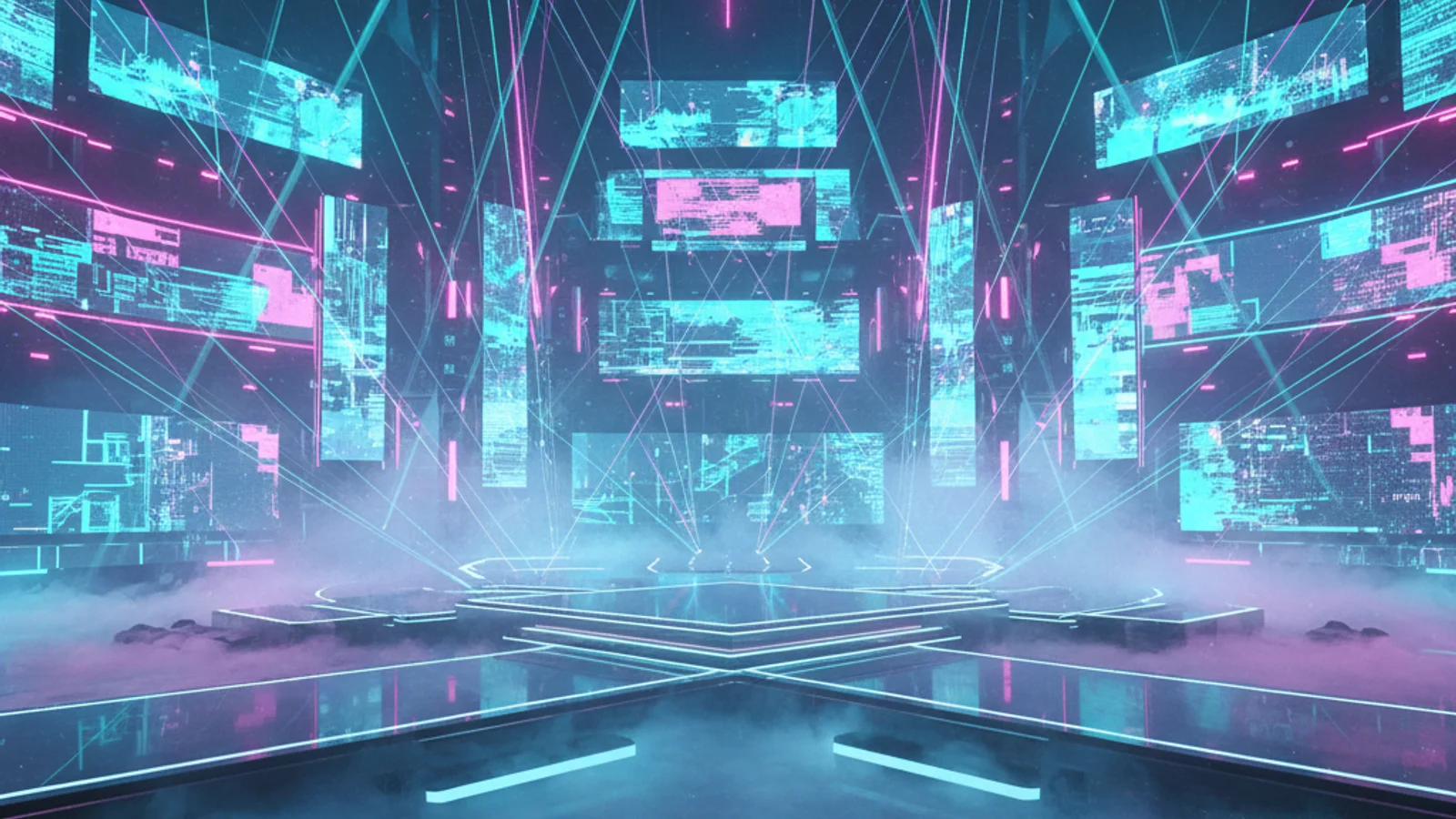 PLAVE world tour — futuristic virtual concert stage with holographic neon screens — KoreaHacks