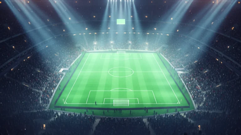 TWS World Cup song — floodlit night soccer stadium with glowing pitch — KoreaHacks
